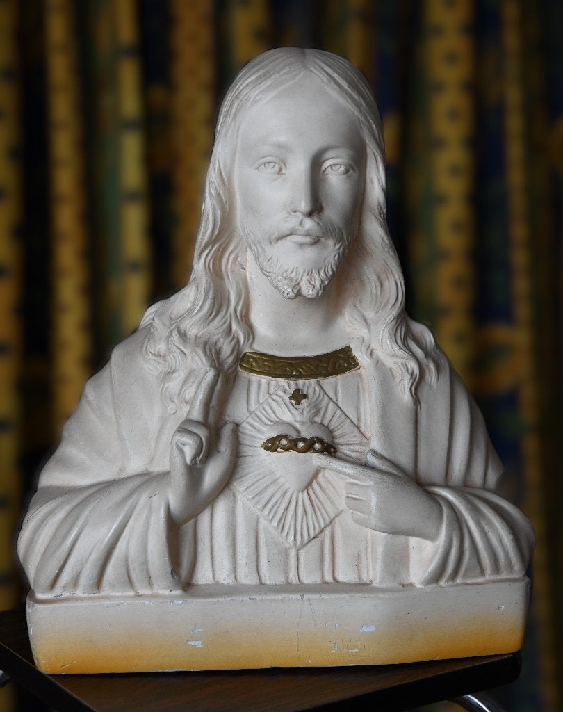 Buste Ancien en Plâtre du Sacré-Cœur – Signé "Derique", Enlèvement