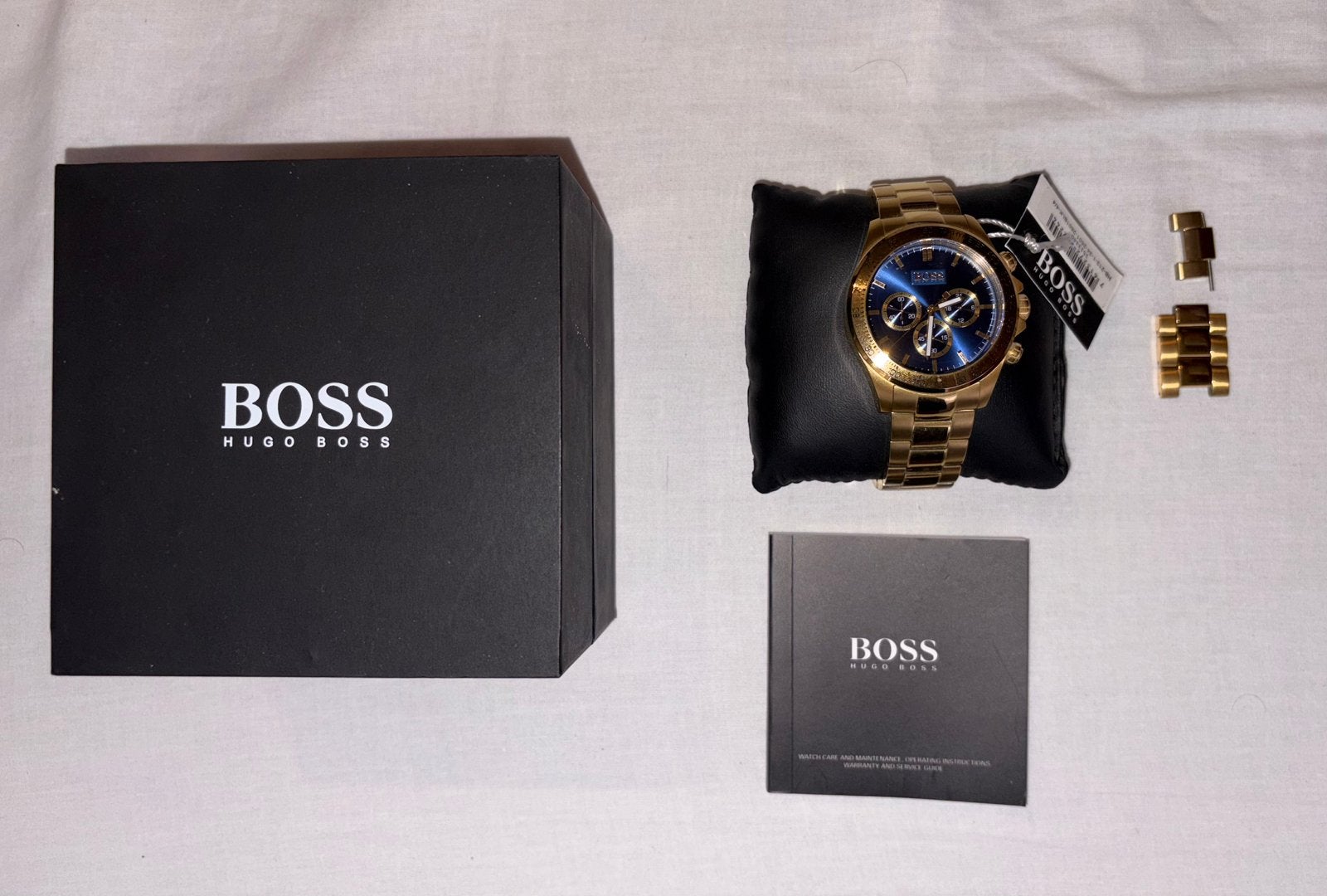 Hugo Boss Horloge – Goud/Blauw Chronograaf – Nieuwstaat, Handtassen en Accessoires, Ophalen, Zo goed als nieuw, Goud