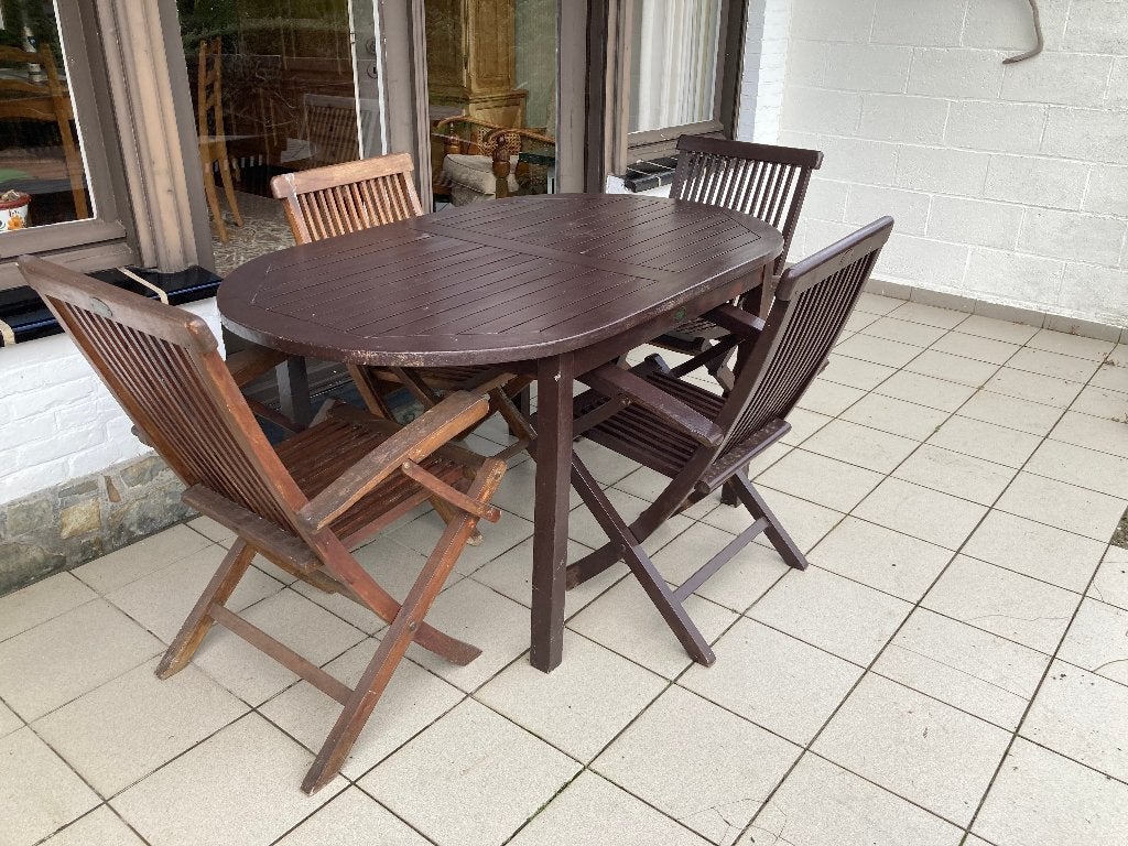 Set houten tuinmeubelen tafel met 4 stoelen, Ophalen, 4 zitplaatsen, Gebruikt, Tuinset
