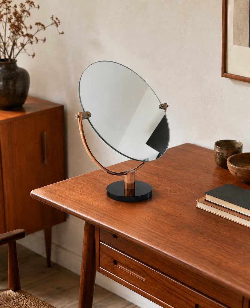 Unieke grote vintage koperen tafelspiegel Spiegel kantelbaar, Enlèvement, Rond