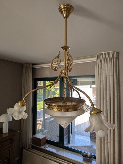 Kroonluchter messing, Huis en Inrichting, Ophalen, Gebruikt, E27 (groot), Glas