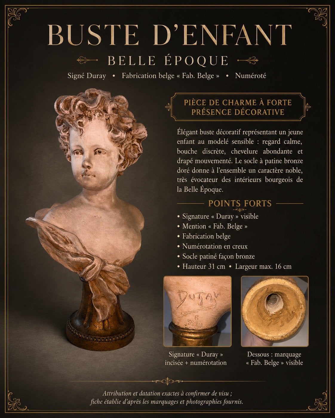 Buste d’enfant Belle Époque signé Duray – Fabrication belge, Enlèvement ou Envoi