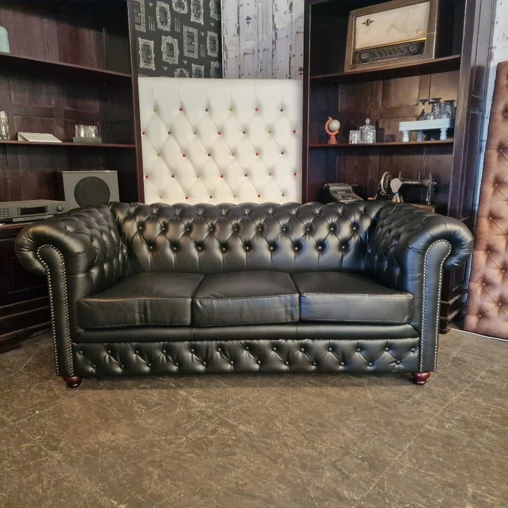 Chesterfield zetel 3-zits zwart eco leer–Nieuw & handgemaakt, Huis en Inrichting, Zetels | Zetels, Overige materialen, Chesterfield