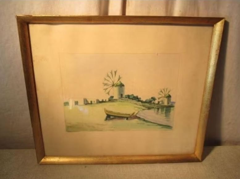 Aquarelle peinte « Moulins à vent au bord de la mer- signée., Enlèvement ou Envoi