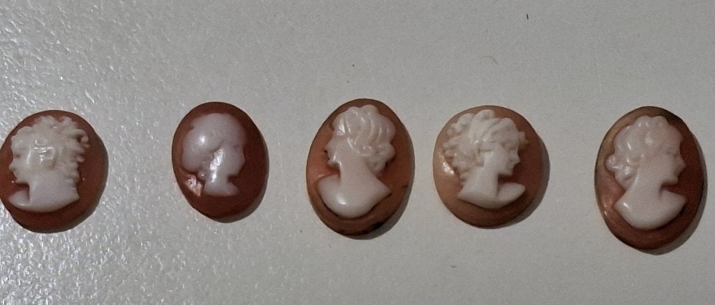 5 petits camées en forme de coquillages au coucher du soleil, Bijoux, Sacs & Beauté, Bijoux anciens, Envoi, Autres matériaux, Autres types