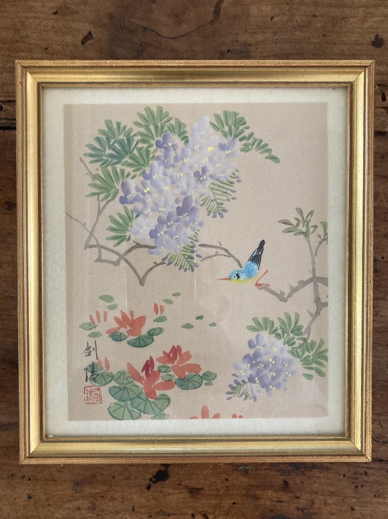 Schilderij op echte Aziatische zijde, vogel en blauweregen, Antiek en Kunst, Overige stijlen, Dieren, Ophalen of Verzenden, Origineel werk