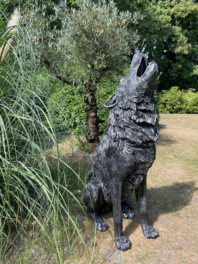 Statue de loup, argent, salon, terrasse, jardin, 120 cm, Enlèvement, Neuf, Synthétique, Animal