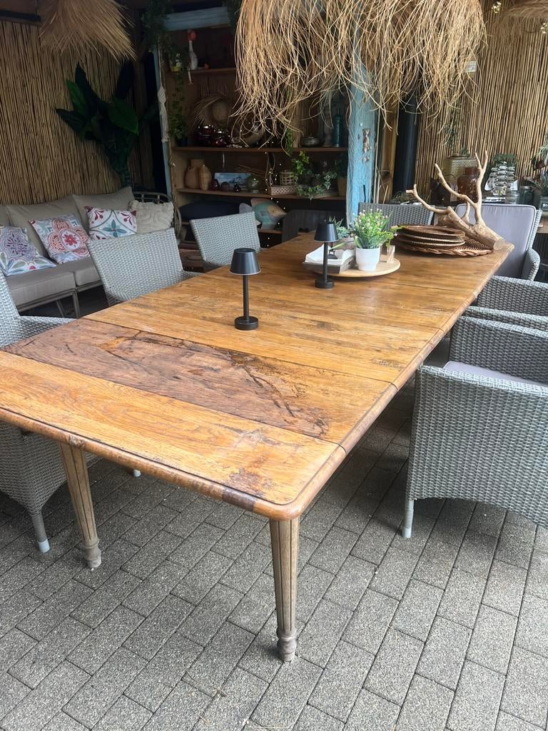 Antieke vol eiken uittrekbare tafel, Tuin en Terras, Ophalen, Gebruikt, Hout