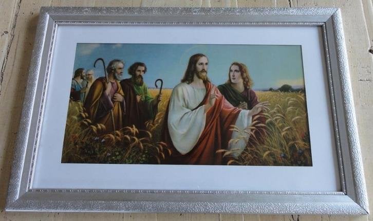 SALE Brocante religieuze Giovanni prent met houten lijst, Ophalen of Verzenden