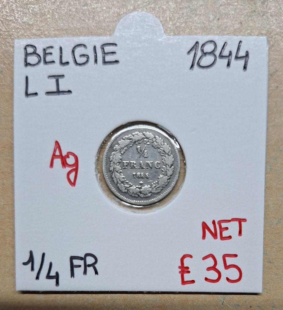 1/4 FR  1844    LEOPOLD I     BELGIE    ZILVER   € 35, Enlèvement ou Envoi, Monnaie en vrac, Argent, Argent