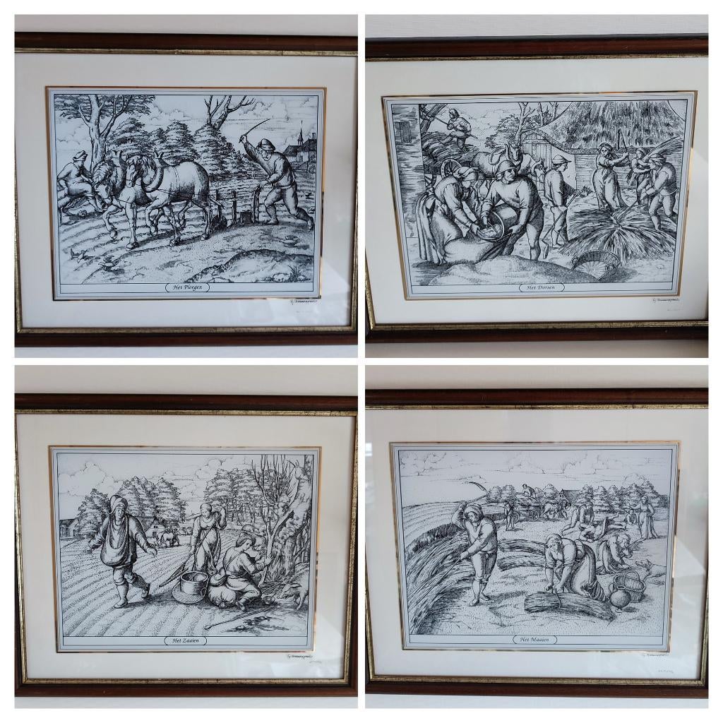 4 glasgravures G. Swaenepoel ploegen, zaaien, maaien, dorsen, Antiek en Kunst, Dagelijks leven, 1950 - 1999, 46 cm, Ingelijst