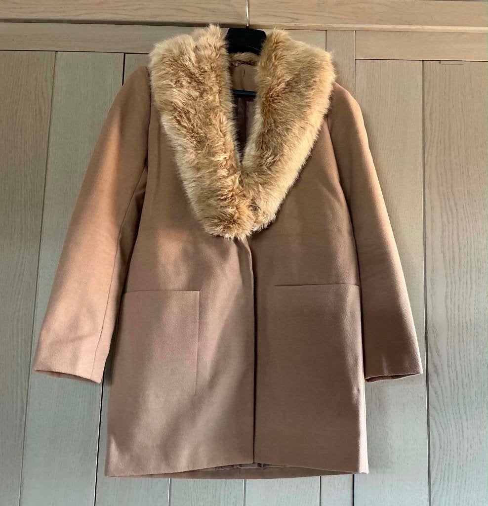 Mantel bontkraag, Kleding | Dames, Ophalen of Verzenden, Zo goed als nieuw, Maat 36 (S), Beige