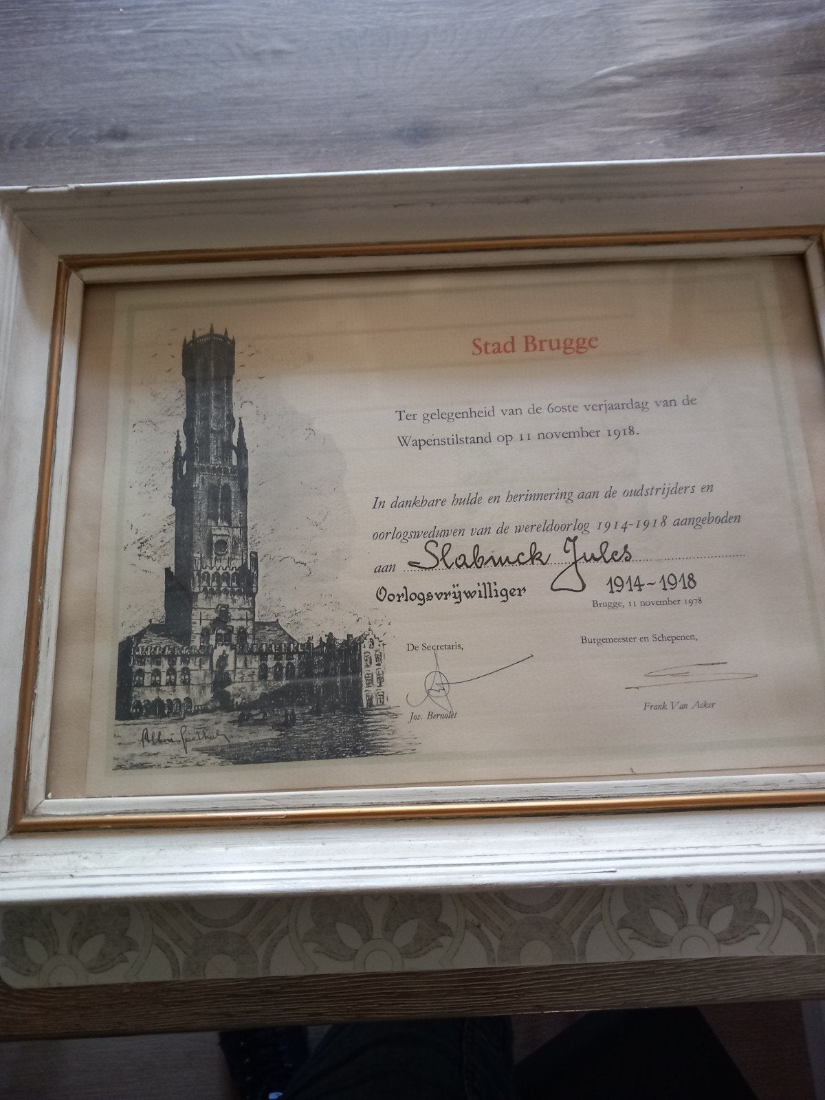 Herdenkingsdiploma Stad Brugge, Antiek en Kunst, Kunst | Tekeningen en Fotografie, Ophalen
