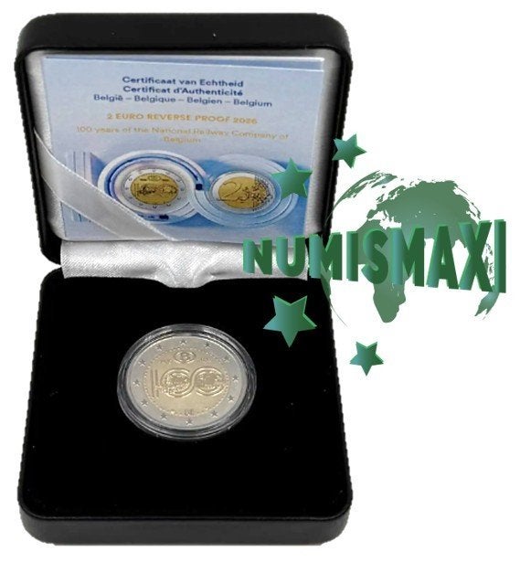 2 euro België 2026 100 jaar NMBS Reverse Proof in etui, Postzegels en Munten, Munten | Europa | Euromunten, Verzenden, België