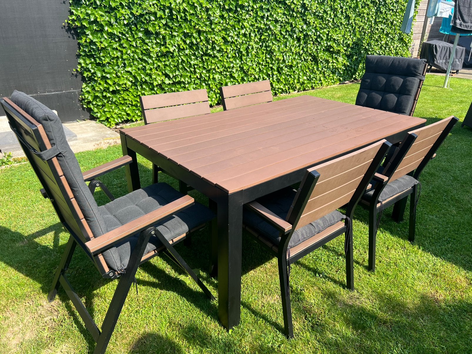 Tuintafel Ikea Falster + 4 stoelen + 2 verstelbare stoelen, Tuin en Terras, Ophalen, Gebruikt
