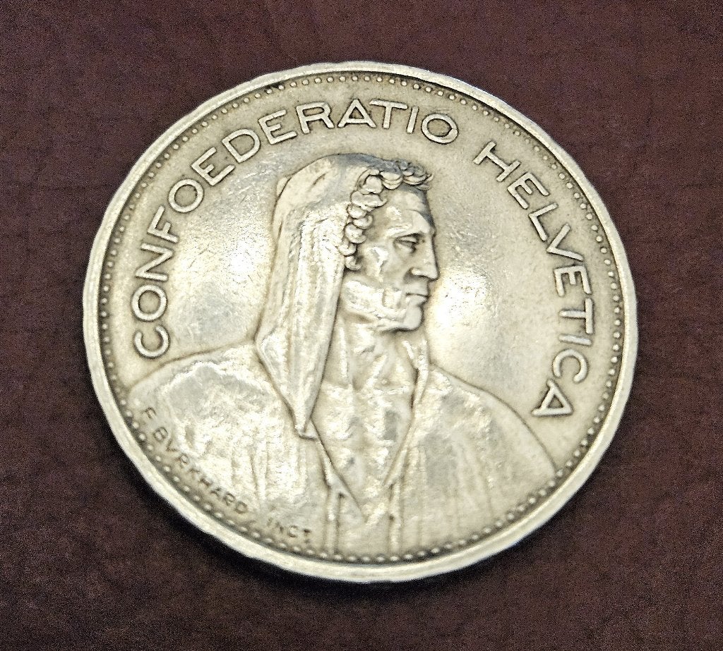Zilver. Munt 5 Fr.Zwitserland 1933., Ophalen, Losse munt, Zilver