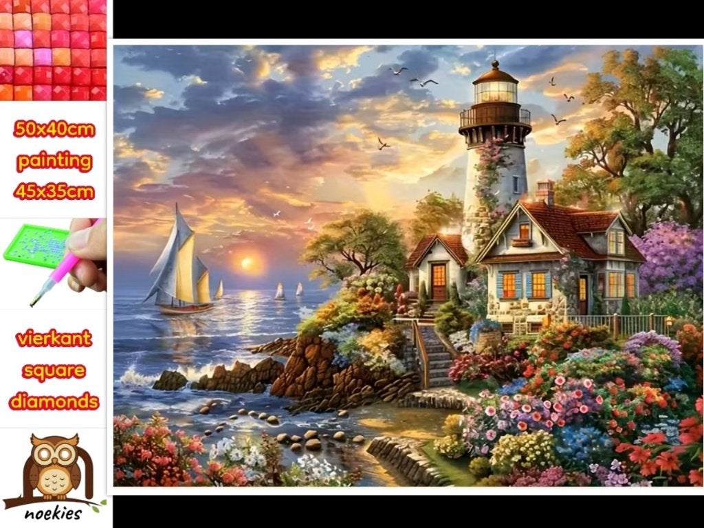 40x50cm Diamond Painting Kust strandhuis (vierkant) nr 32, Zee en Strand, Verzenden, Nieuw, Meerkleurig