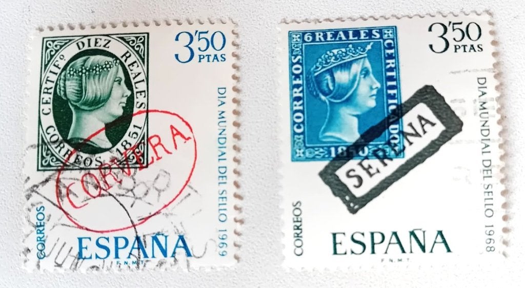 2 Spaanse zegels uit reeks “día mundial del sello”, Ophalen, Gestempeld