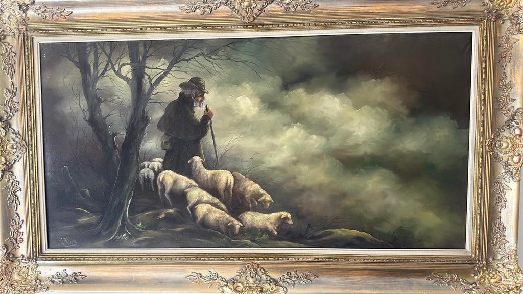 Tableau ancien de R Thiers berger aux moutons, Antiquités & Art, Enlèvement