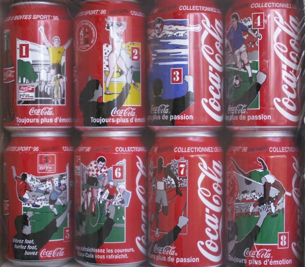 Ensemble complet de 8 canettes de coca cola françaises 1996, Enlèvement ou Envoi, Comme neuf