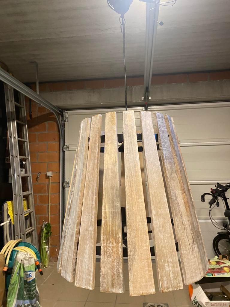 Houten luster op zwart metalen frame, Ophalen, Zo goed als nieuw, Landelijk