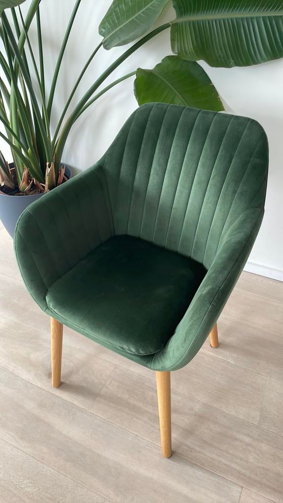 4x chaises de cuisine en velours vert +pieds en chêne massif, Maison & Meubles, Chaises, Enlèvement, Comme neuf, 4 x keukentafel stoelen groen fluweel + massief eiken poten