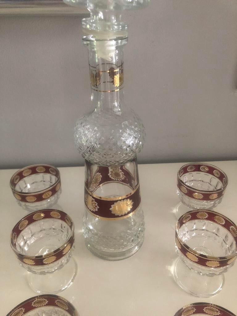 Carafe et 8 verres art déco Bordeaux et or, Comme neuf