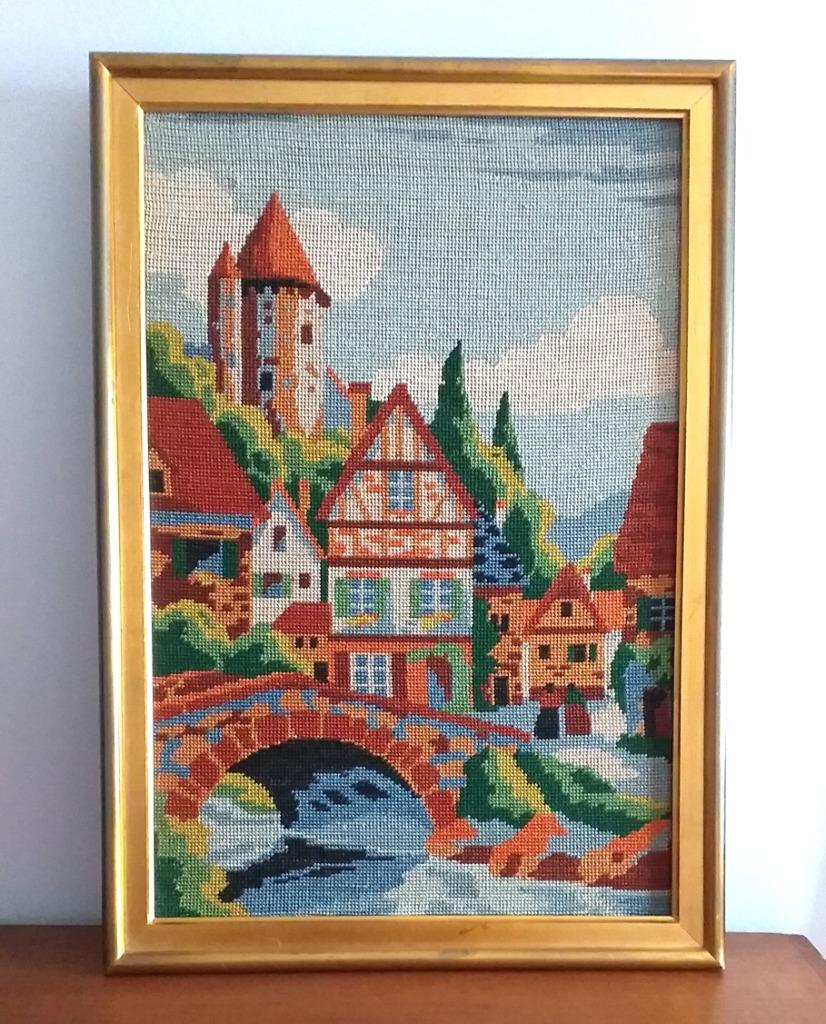 Canevas vintage au point de tapisserie  - encadré, Enlèvement, Utilisé, Moins de 50 cm