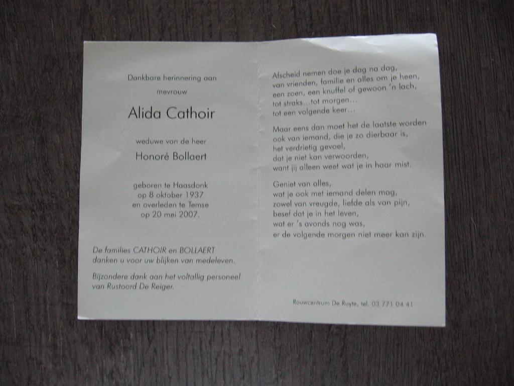 doodsprentje ALIDA CATHOIR !!!!!!!!!!!!!!!!!!!!!!!!!!!!!!!!!, Verzamelen, Bidprentjes en Rouwkaarten, Ophalen of Verzenden, Rouwkaart
