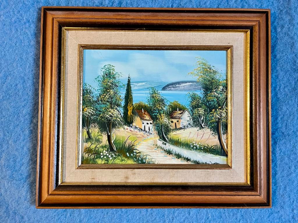 Mooi olieverfschilderij - Landschap aan het meer - Griek, Ophalen of Verzenden