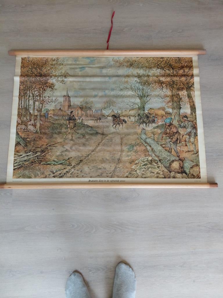 Schoolplaat wandplaat Brabants dorp in de vijftiende eeuw, Antiek en Kunst, Ophalen