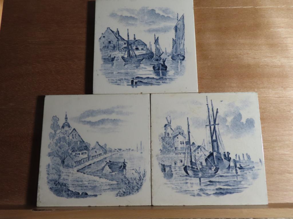 Lot van 3 oude Delfts Blauwe tegels Thema water  Deltsblauwe, Antiek en Kunst, Ophalen of Verzenden
