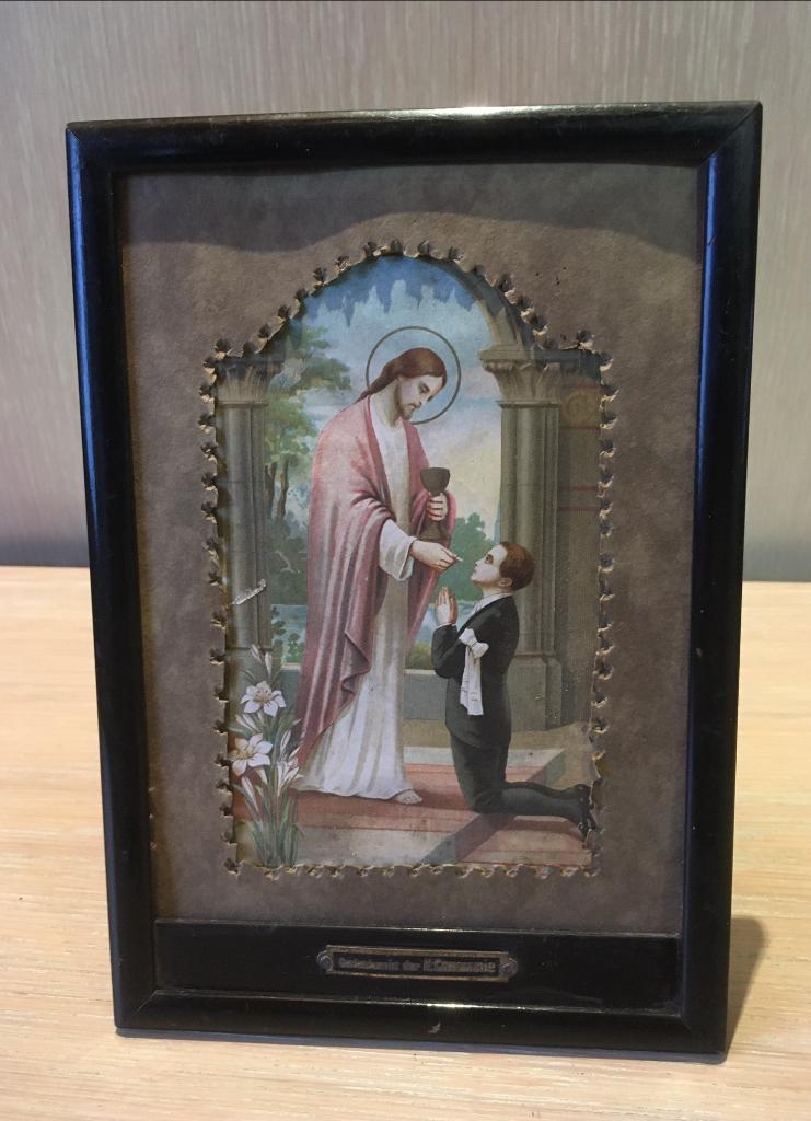 Communieprent jongen, ingelijst (30s vintage), Ophalen of Verzenden, Gebruikt, Kaart of Prent, Christendom | Katholiek