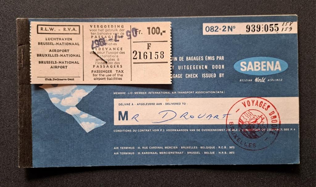 Billet de passagé SABENA de 1967 Magritte, Collections, Enlèvement ou Envoi, Utilisé