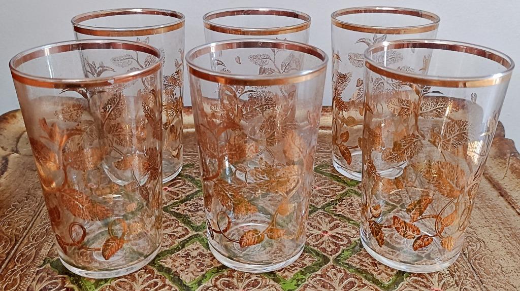 6 Verres en cristal vintage, motifs feuilles cuivrés, France, Ophalen of Verzenden