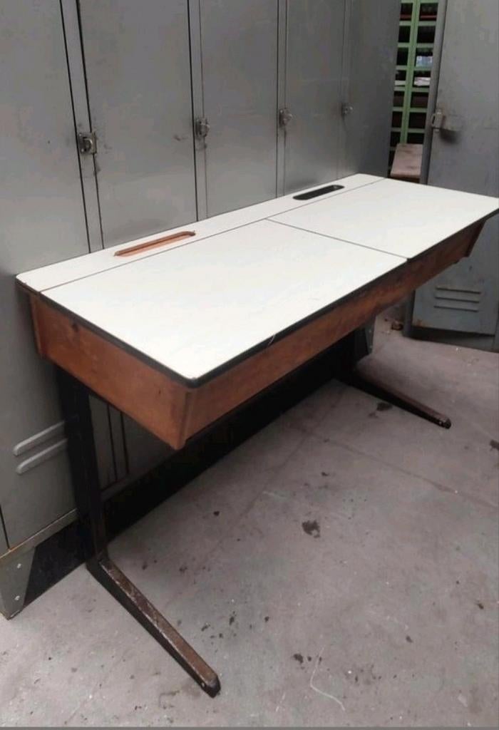 Vintage retro schoolbank dubbel bureau lessenaar, Ophalen of Verzenden, Gebruikt