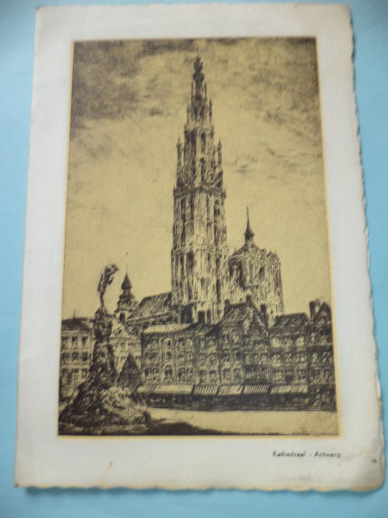 ca 1960 oude litho prentkaart postkaart ANTWERPEN kathedraal, Antiek en Kunst, Ophalen of Verzenden