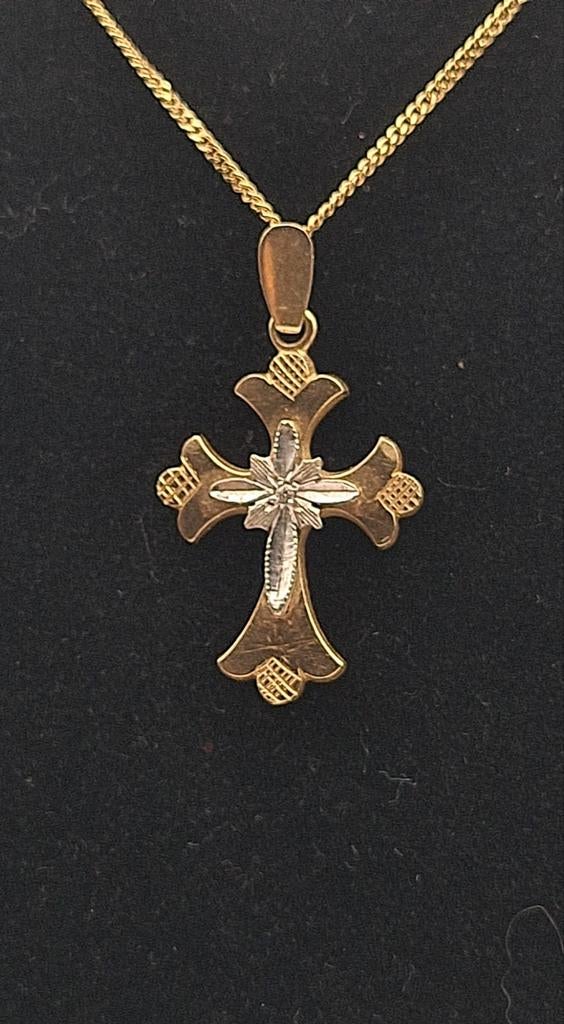 Croix en or jaune et blanc 14 carats avec chaîne, Envoi, Blanc, Or