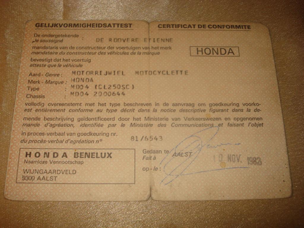 Ancien Certificat de Conformité Moto HONDA CL250SC 1983, Enlèvement ou Envoi, Honda