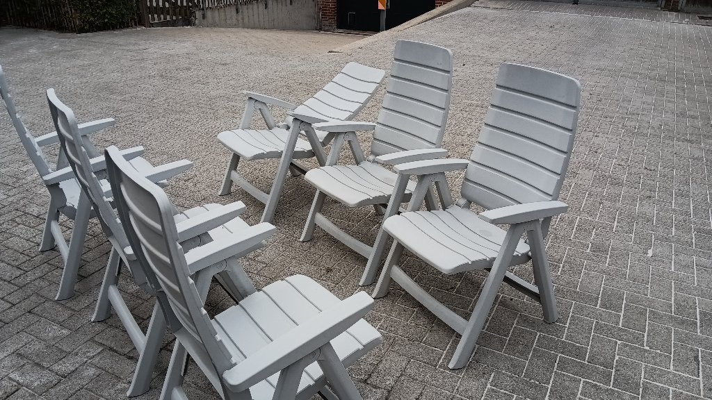 6 terras stoelen, opklapbaar en met verstelbare rug leuning, Tuin en Terras, Ophalen, Gebruikt, Kunststof, Inklapbaar