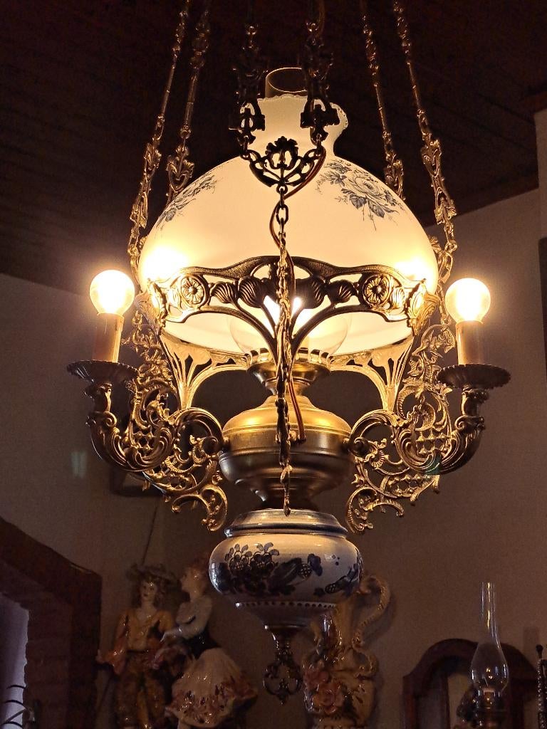 olielamp kroonluchter met porseleinen delfts blauw, Huis en Inrichting, Ophalen