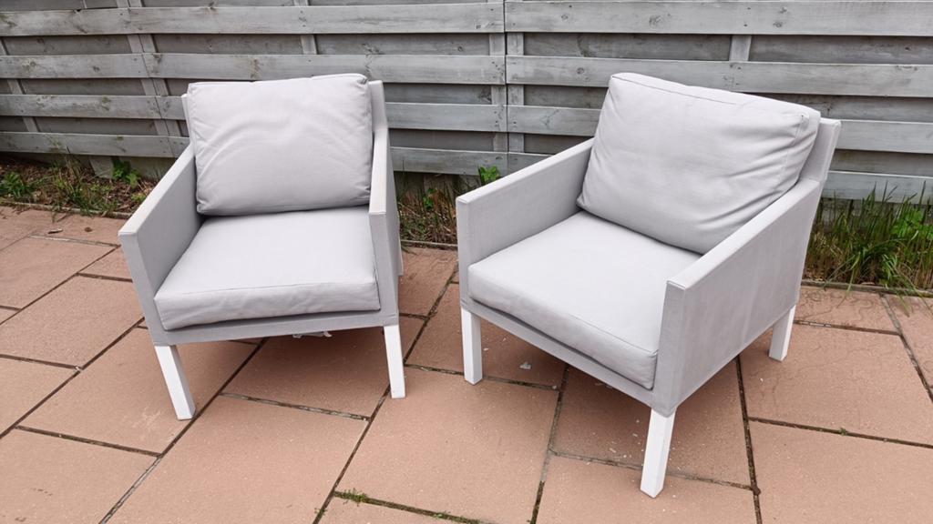 2 aluminium tuin zetels met weerbestendige kussens, Ophalen, Aluminium