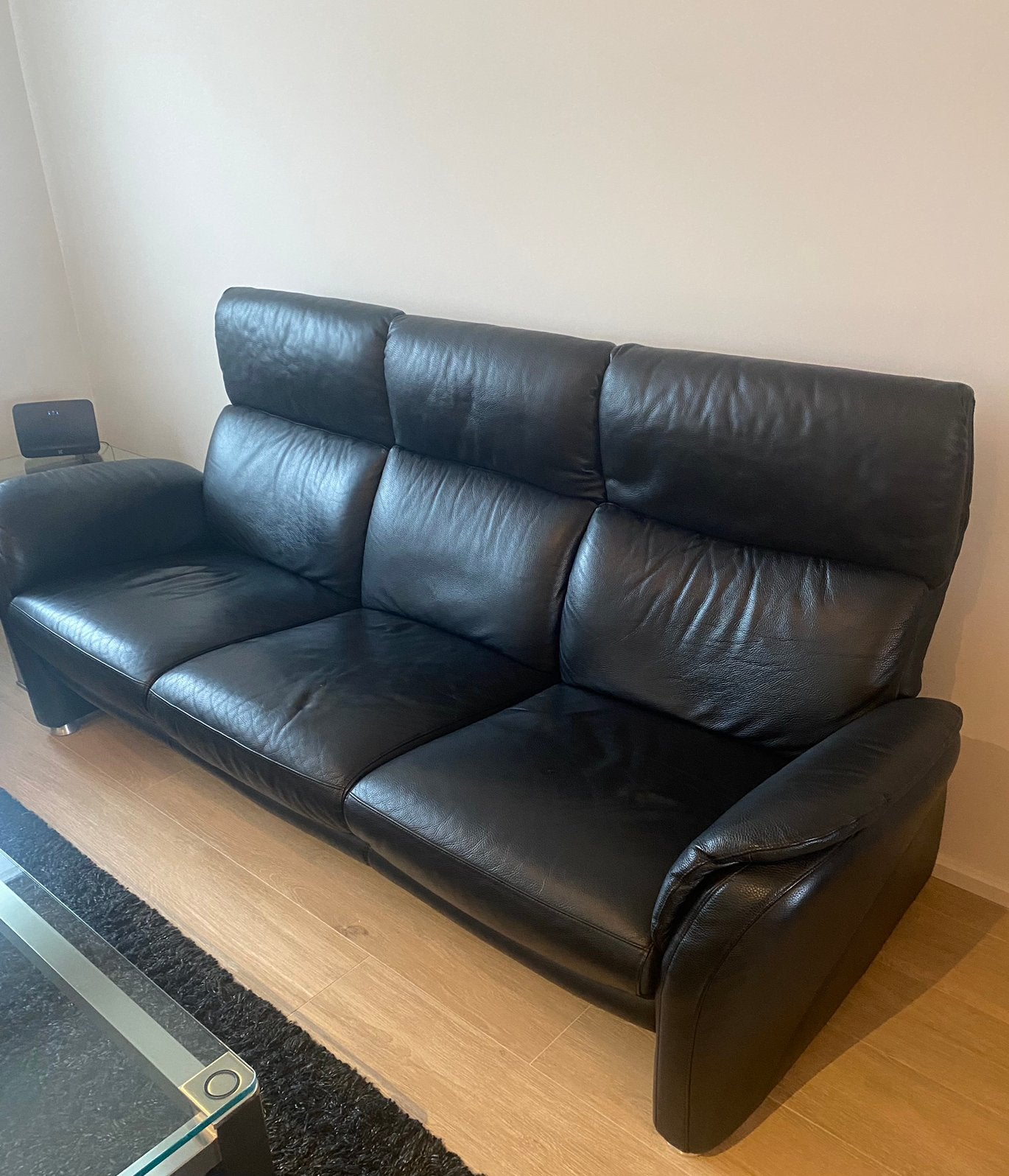 Zwart lederen 3-zit en 2-zit met relax, Huis en Inrichting, Ophalen, Gebruikt, Rechte bank, 200 tot 250 cm