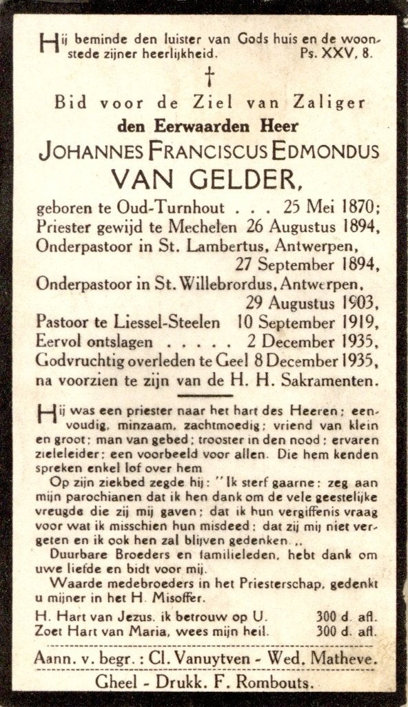 Priest. Van Gelder Johannes. ° Oud-Turnhout 1870 † Geel 1935, Collections, Enlèvement ou Envoi, Image pieuse