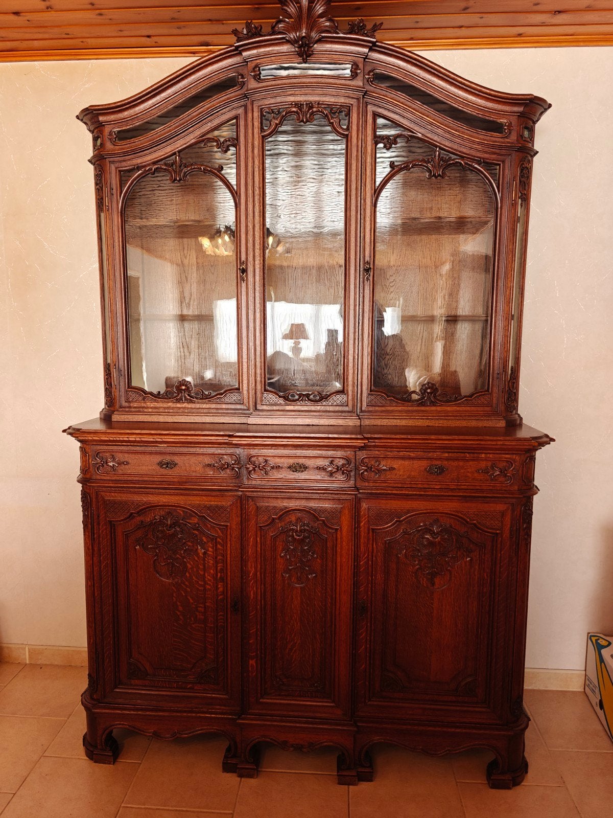 Vitrine à deux corps liégeoise ancienne H.2,40m L.1,48m D.55, Antiquités & Art, Enlèvement