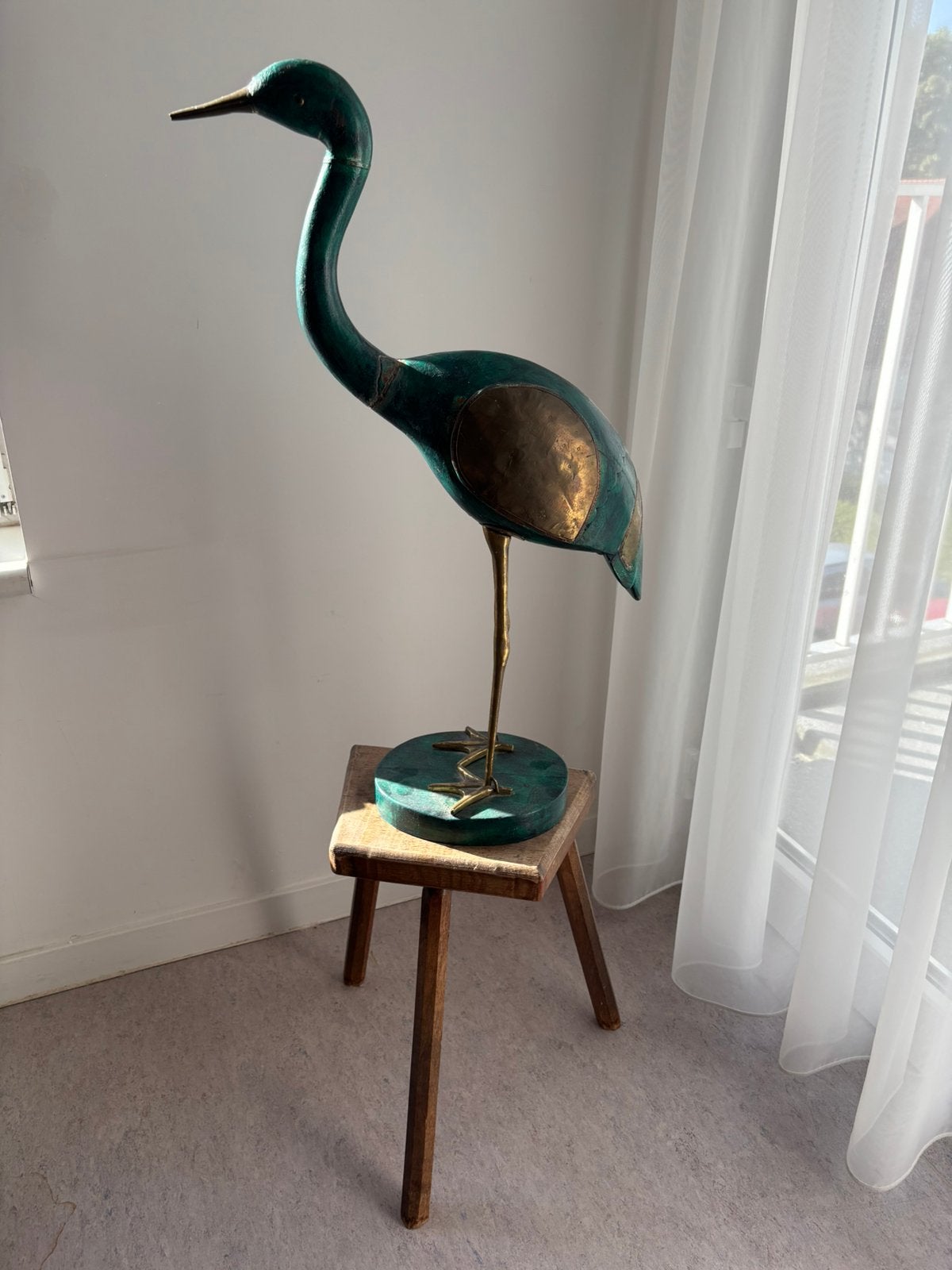 Heron en bois et cuivre, Antiquités & Art, Art | Objets design, Enlèvement ou Envoi, 73 cm, Vert, Bois