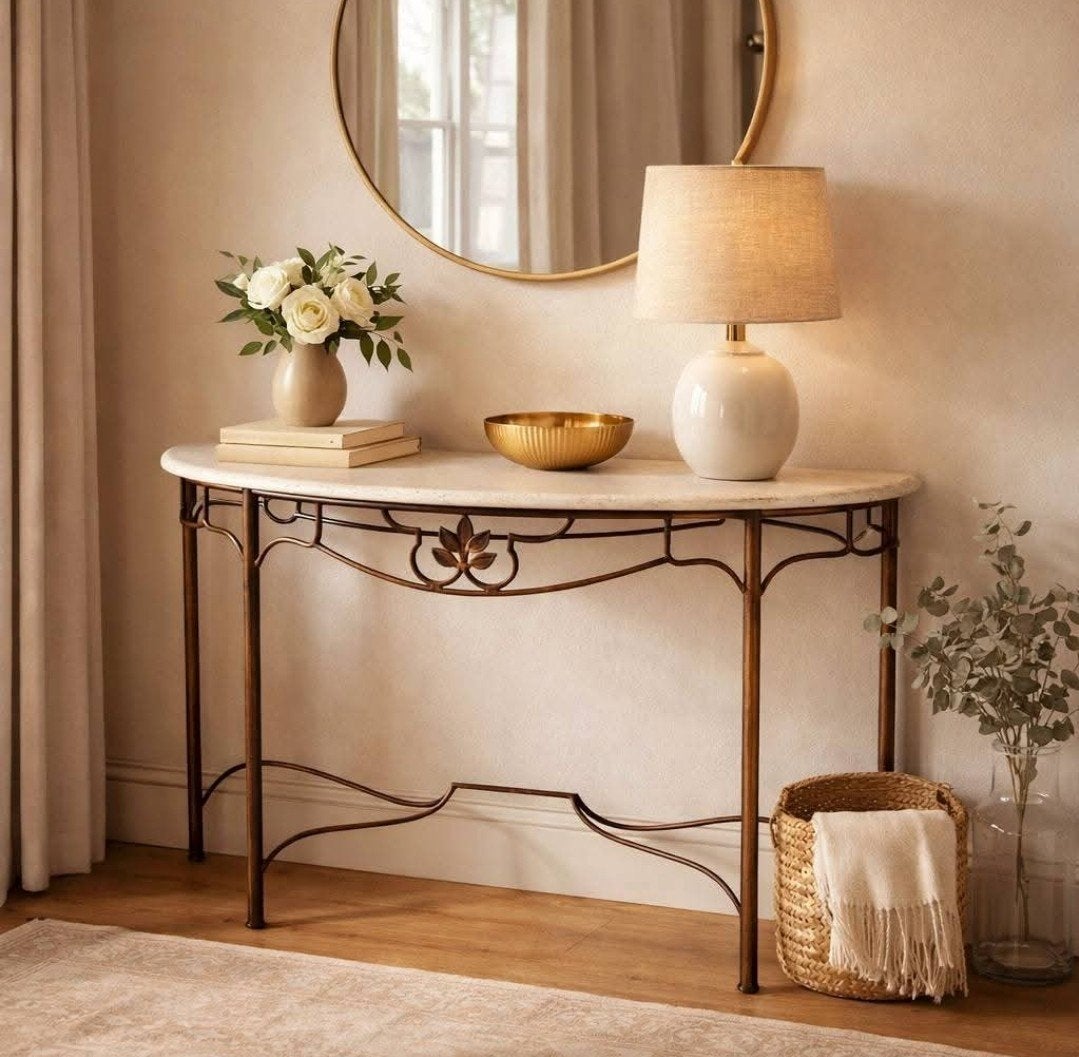 Mooie elegante halfronde consoletafel met wit marmeren blad, Ophalen