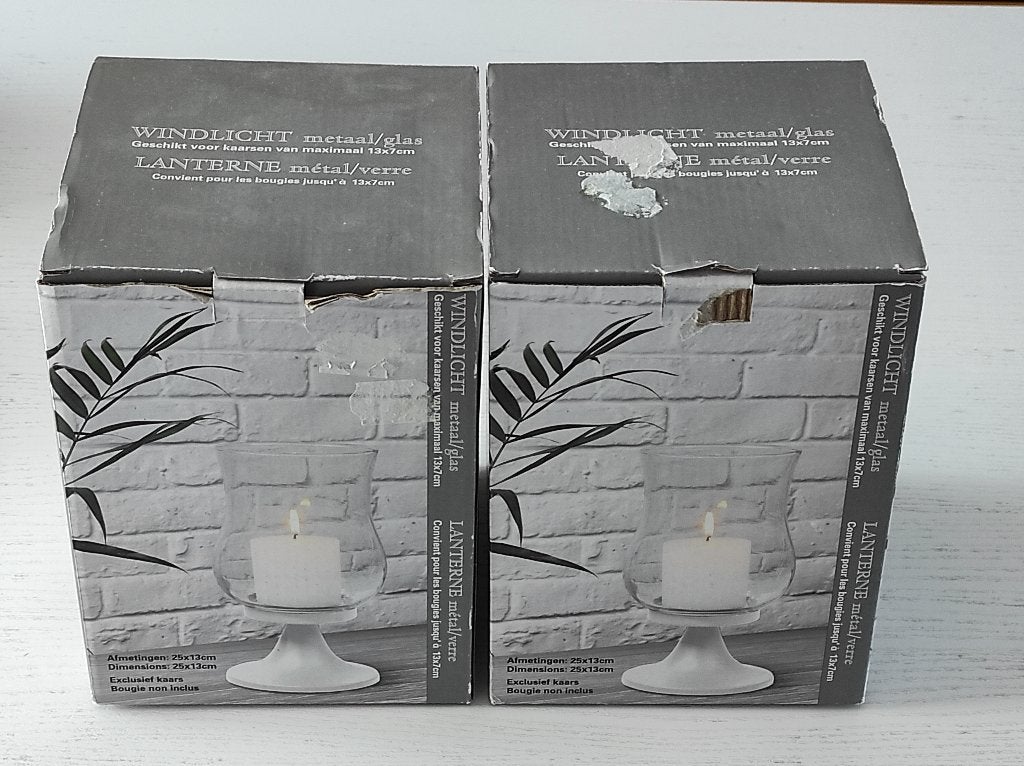 twee windlichten metaal/glas, Ophalen, Nieuw, Glas