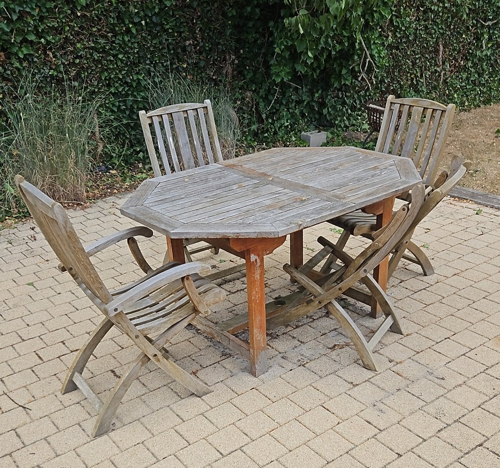Tuintafel met 4 stoelen Gereserveerd, Tuin en Terras, Ophalen, Gebruikt, Vierkant, Teakhout