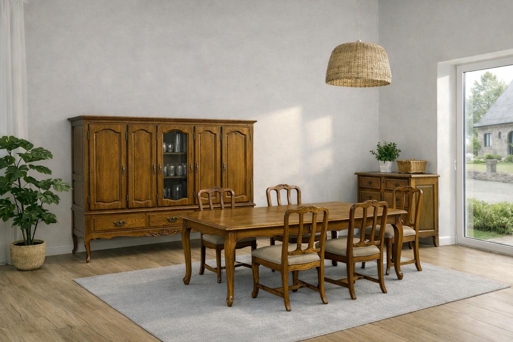 Eiken eetkamer - vroege jaren 70 in uitstekende staat, Ophalen, Zo goed als nieuw, Vintage, 4 tot 6 stoelen